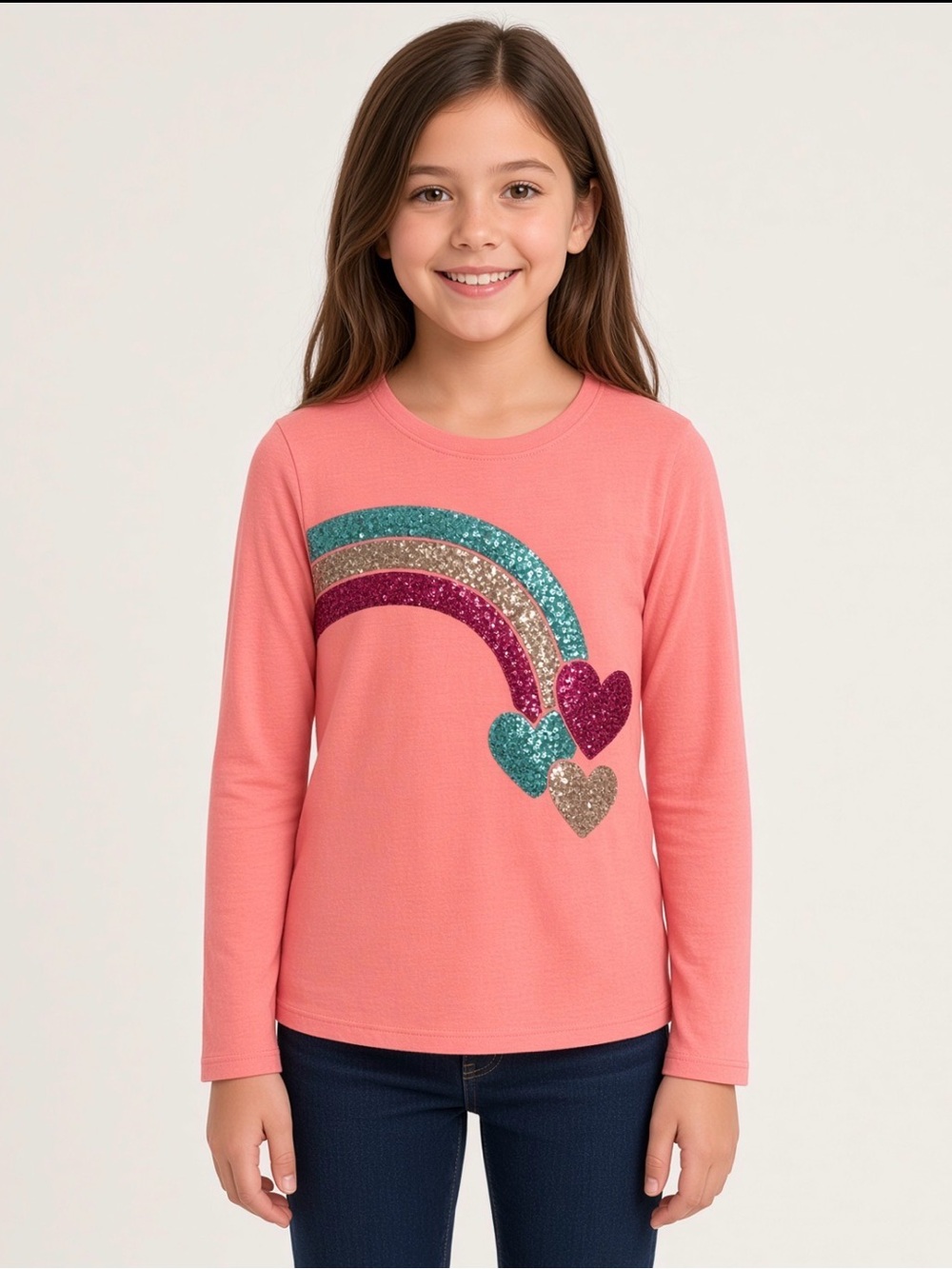 Hatley Girls 8 Pink Sequin Rainbow Heart Long Sleeve Tee NWT